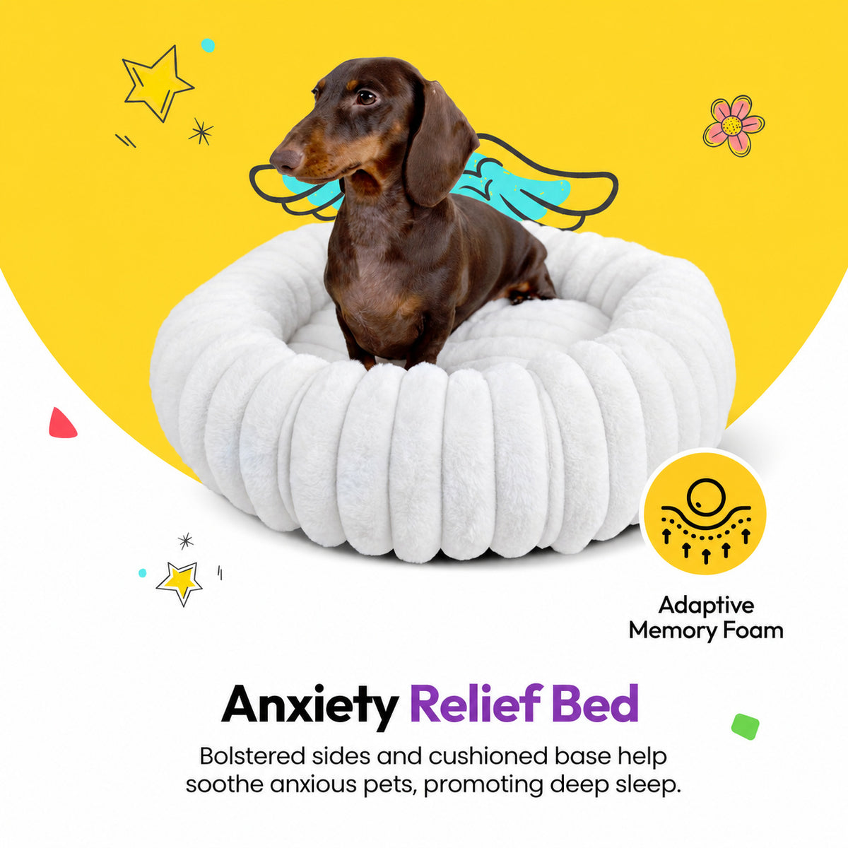 White | Furry Corduroy Round Bed: Dachshund with paper wings in the White bed on a yellow graphic card