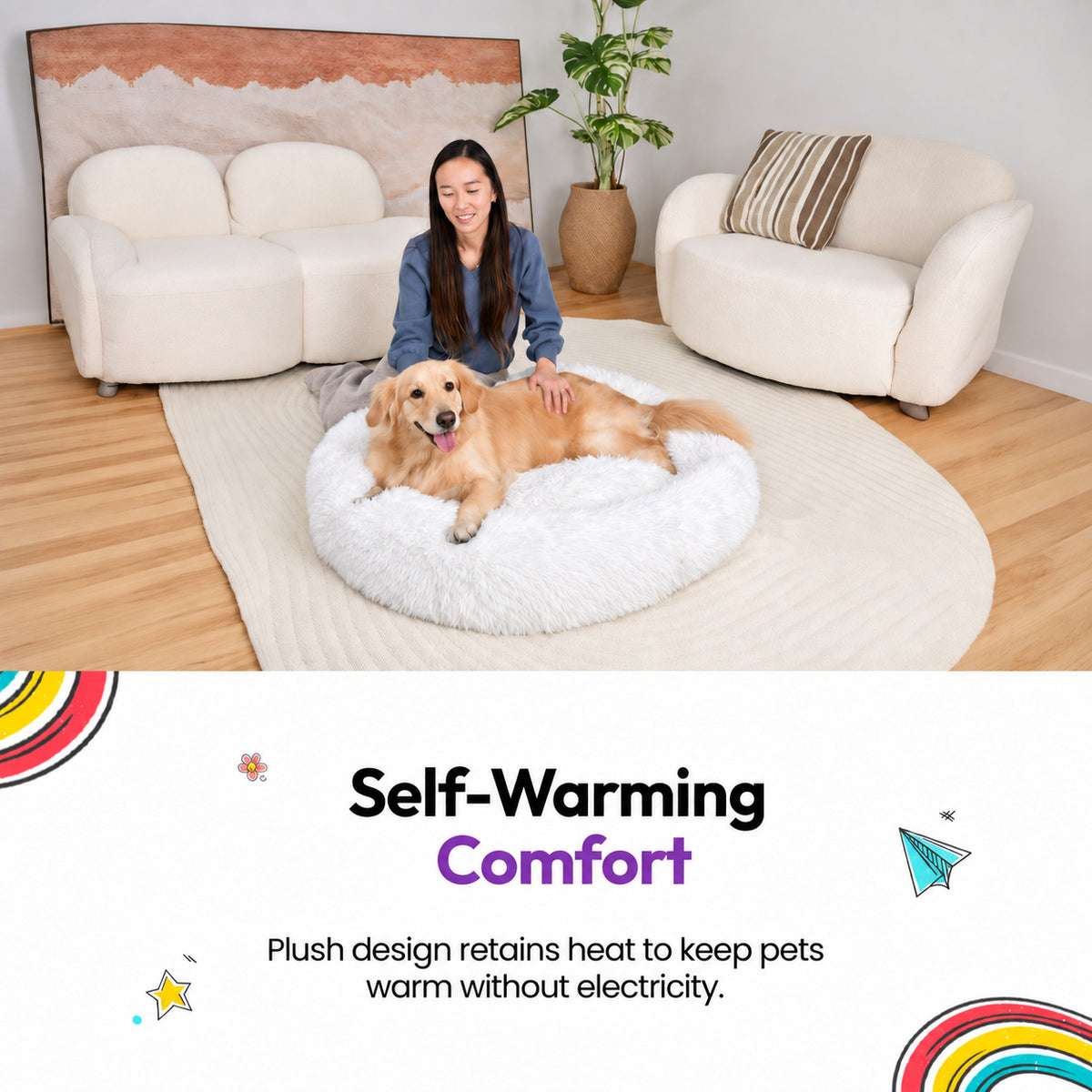 White | Fluffy Shag Calming Round Bed: Woman sitting beside a golden retriever lying in the White bed in a living room, headed Self-Warming Comfort