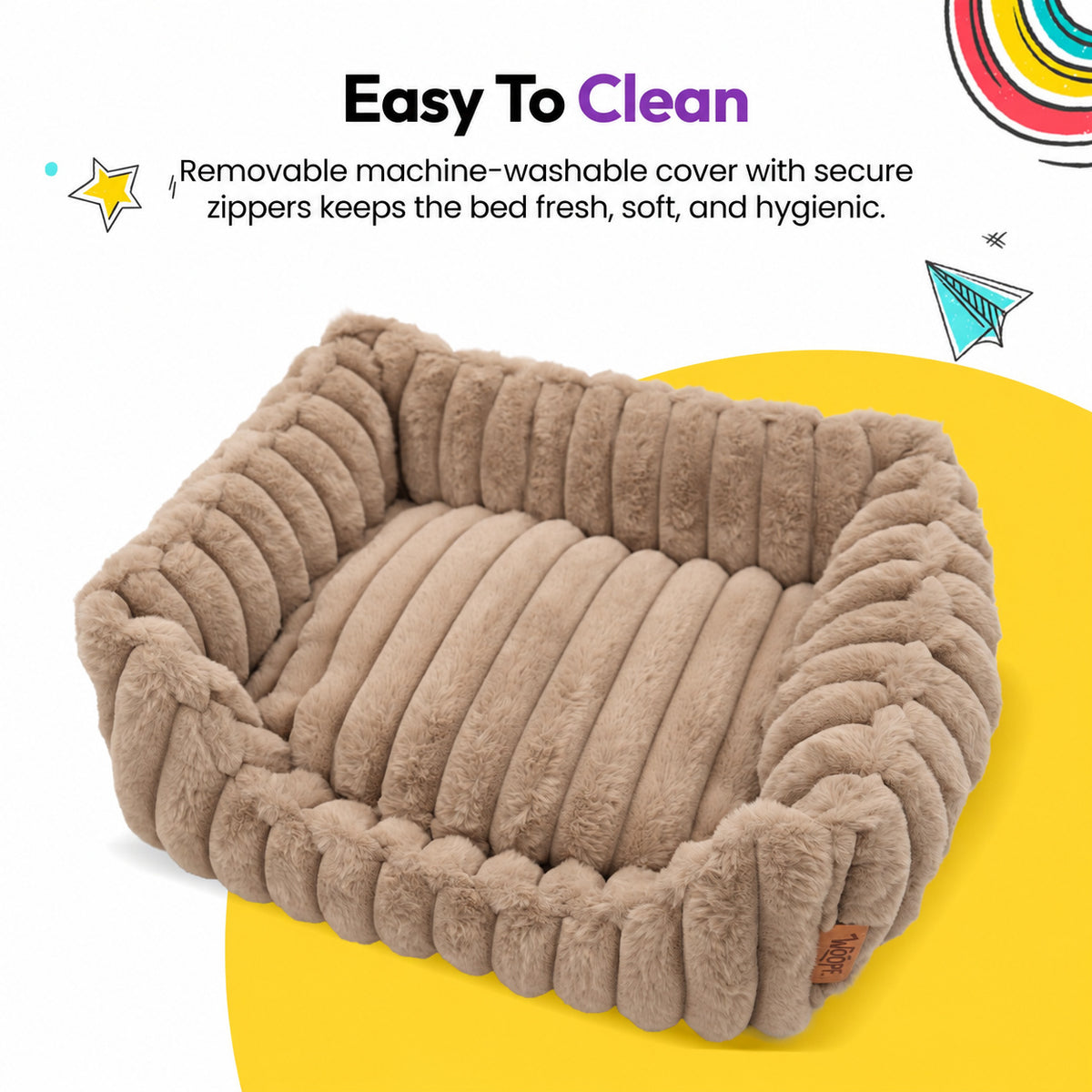 Brown | Furry Corduroy Open Front Rectangle Bed: The Brown bed on its own on a yellow graphic card