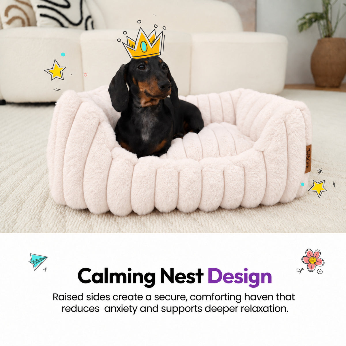 Pale pink | Furry Corduroy Open Front Rectangle Bed: Dachshund in a paper crown sitting in the Pale pink bed in a living room