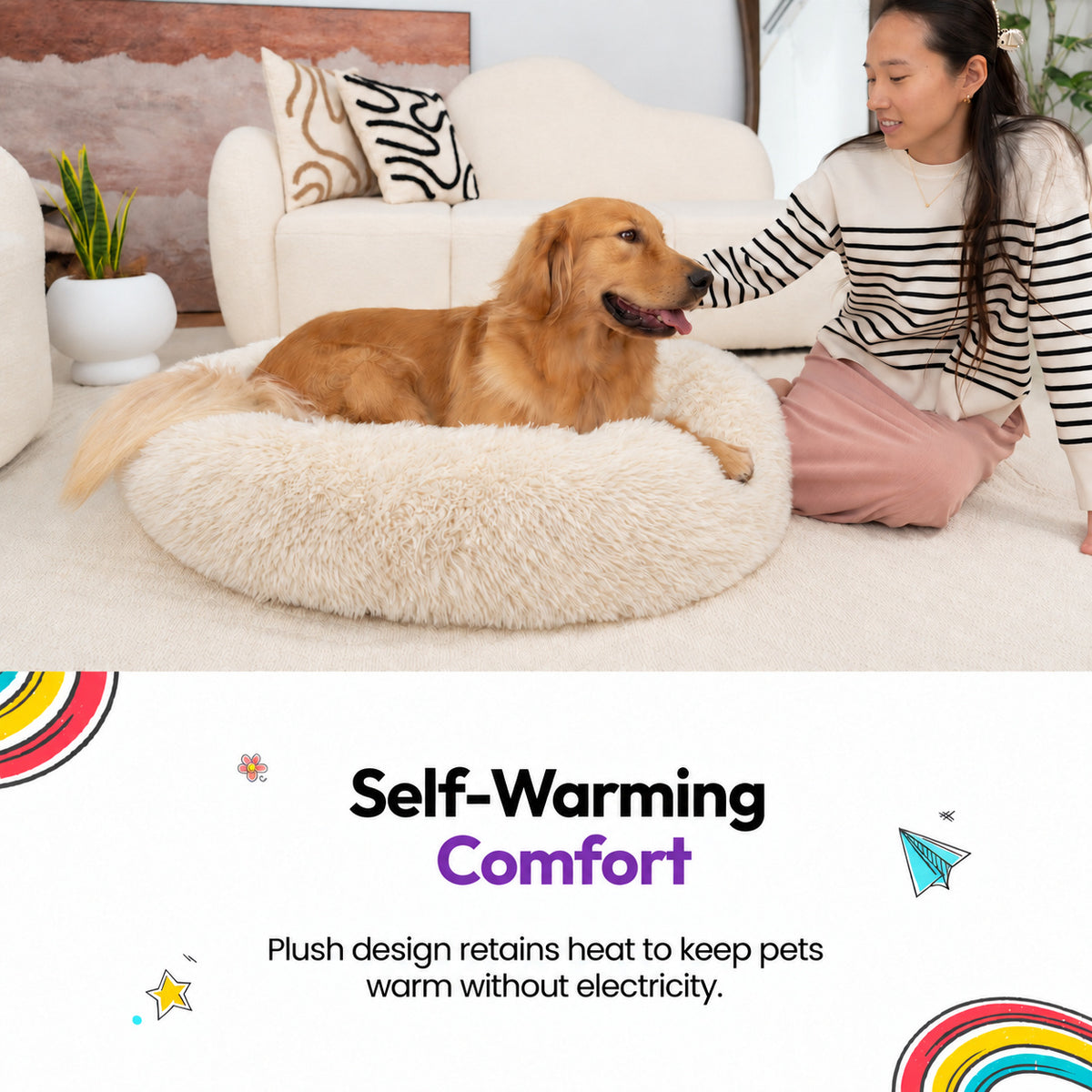Cream | Fluffy Shag Calming Round Bed: Woman stroking a golden retriever lying in the Cream bed, headed Self-Warming Comfort