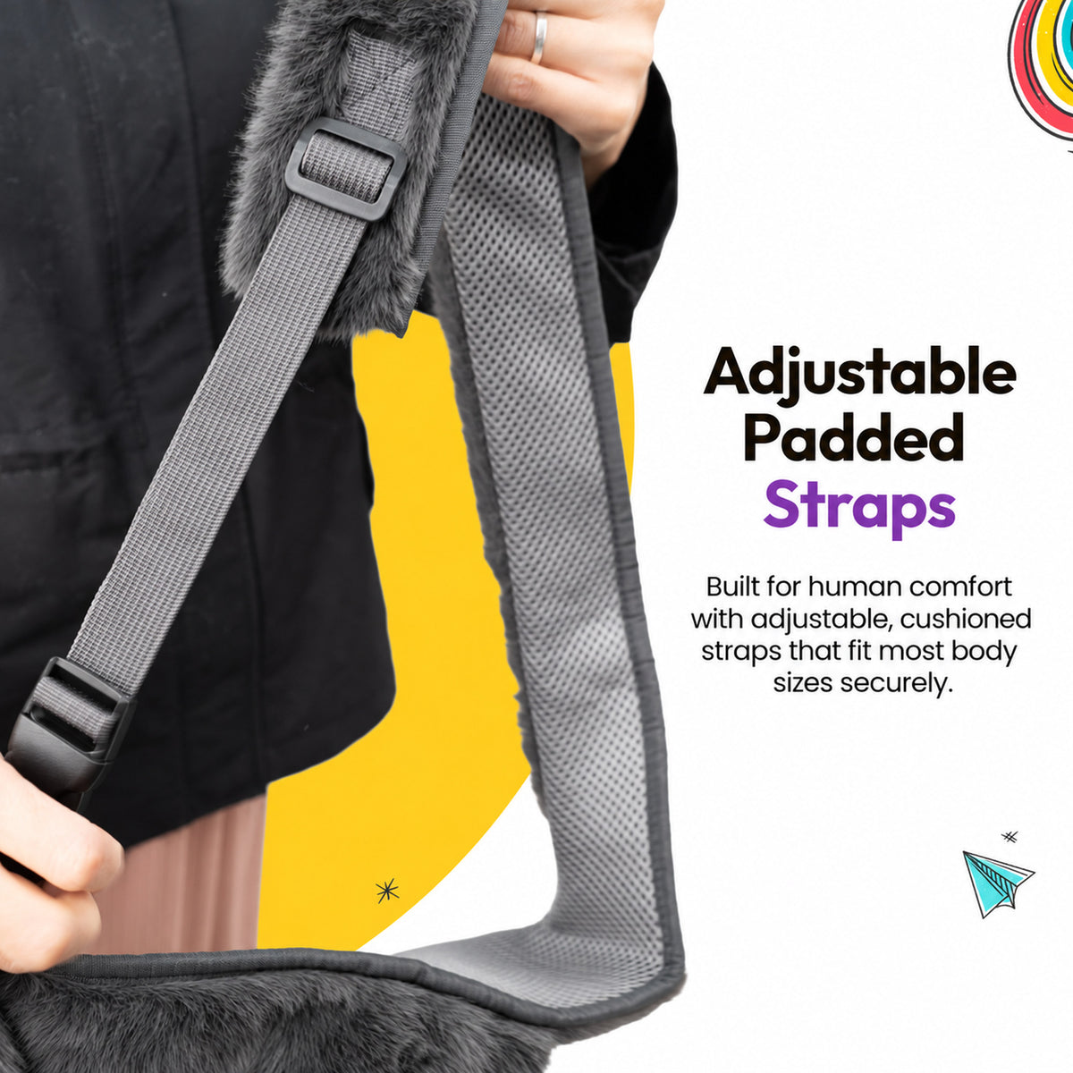 Grey | Furry Range Puppy Pouch: Adjustable padded straps on the Grey Puppy Pouch