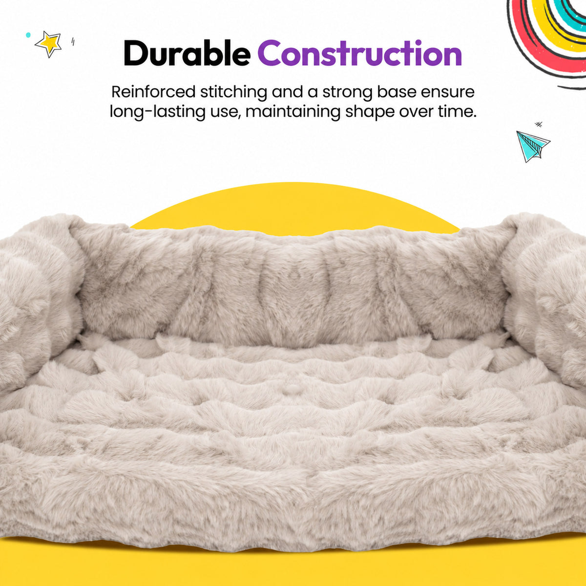 Cream | Furry Curves Open Front Rectangle Bed: Durable construction: front view of the Cream bed