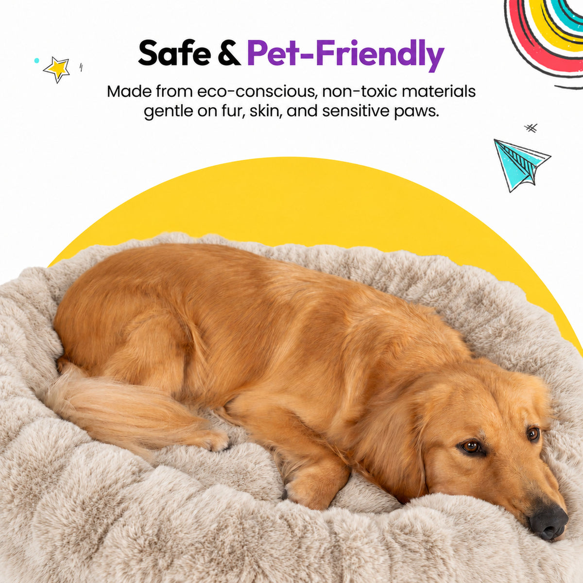 Cream | Furry Curves Round Bed: Safe, pet-friendly materials: a golden retriever lying on the Cream round bed