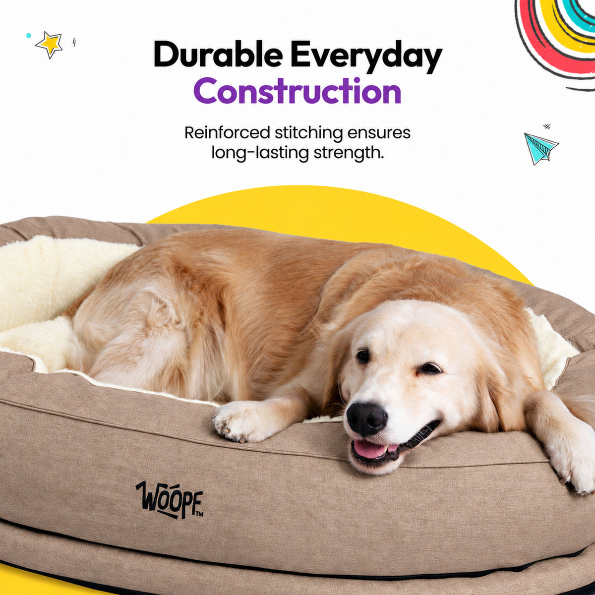 Cream | NÄP Orthopedic Bed: Golden retriever lying in the Cream bed, headed Durable Everyday Construction