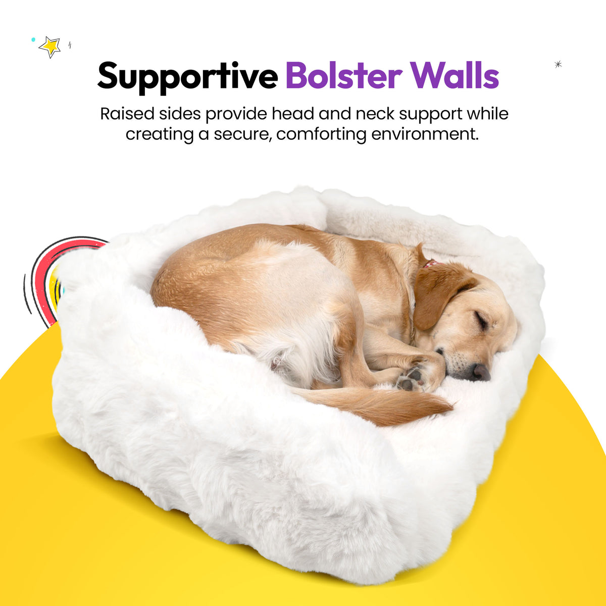 White | Furry Curves Open Front Rectangle Bed: Supportive bolster walls: a golden dog asleep in the White bed