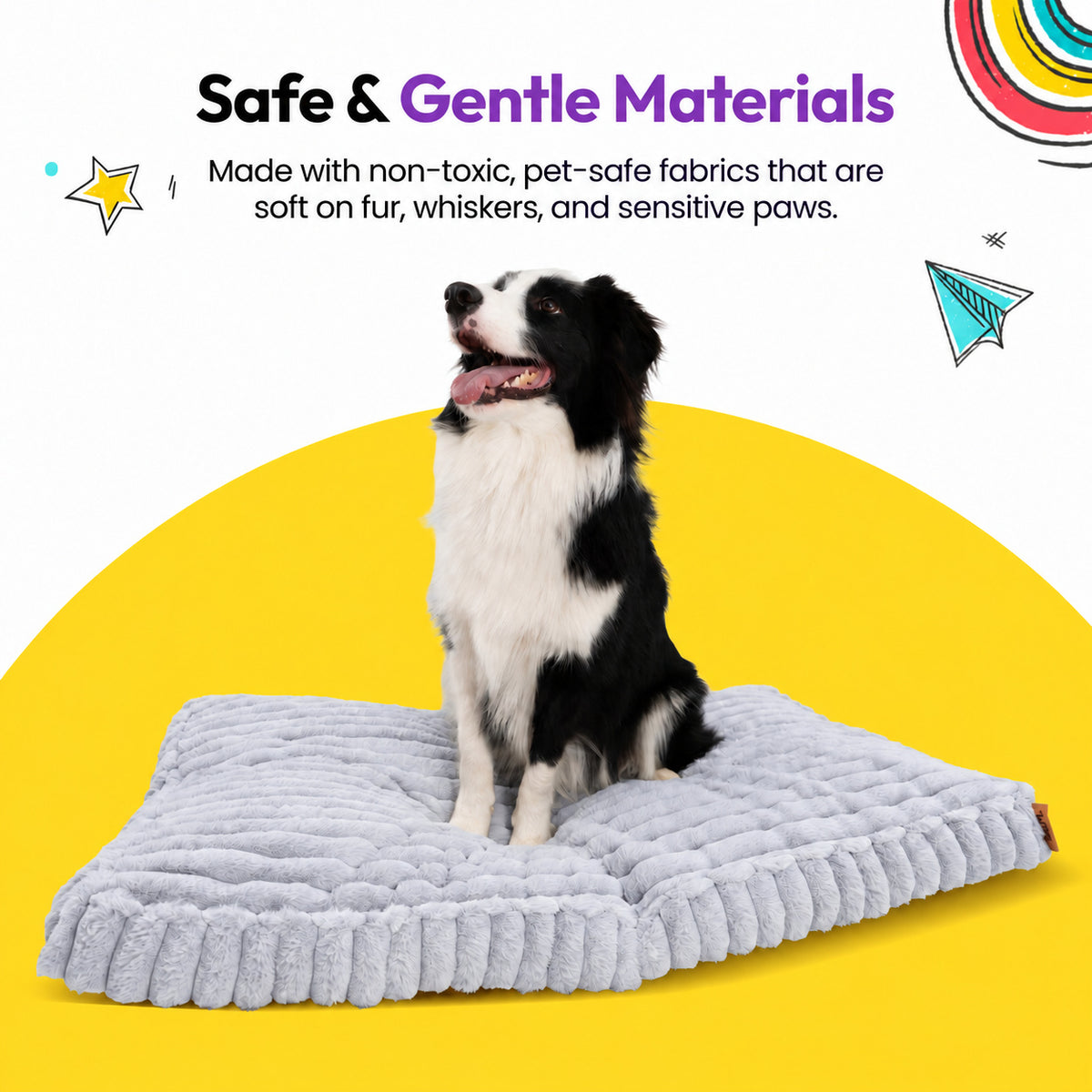 Grey | Furry Corduroy Sleeping Mat: Border collie sitting on the Grey mat on a yellow graphic card