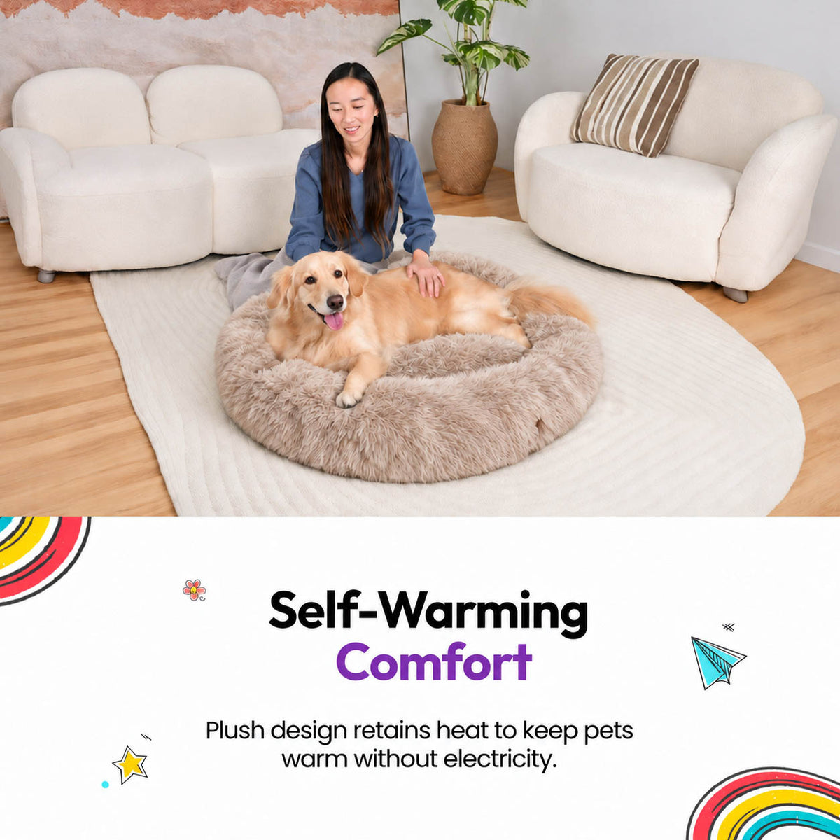 Brown | Fluffy Shag Calming Round Bed: Woman sitting beside a golden retriever lying in the Brown bed in a living room, headed Self-Warming Comfort