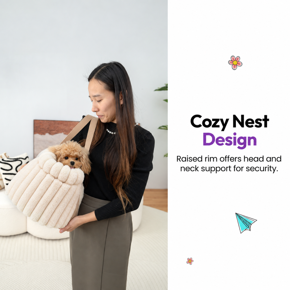 Pale pink | Corduroy Calming Dog Carrier: Woman carrying a toy poodle in the Pale pink carrier, captioned Cozy Nest Design
