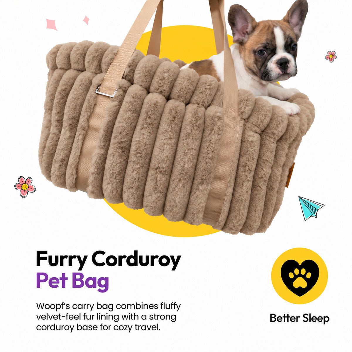 Brown | Corduroy Calming Dog Carrier: French bulldog puppy peeking over the Brown carrier, headed Furry Corduroy Pet Bag