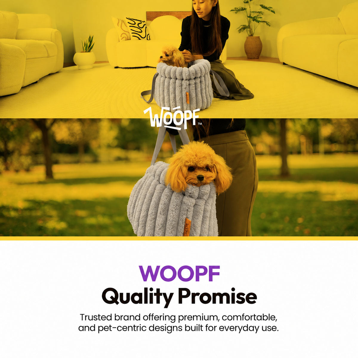 Grey | Corduroy Calming Dog Carrier: Woman with a poodle in the Grey carrier in two scenes, with the WOOPF logo, headed WOOPF Quality Promise