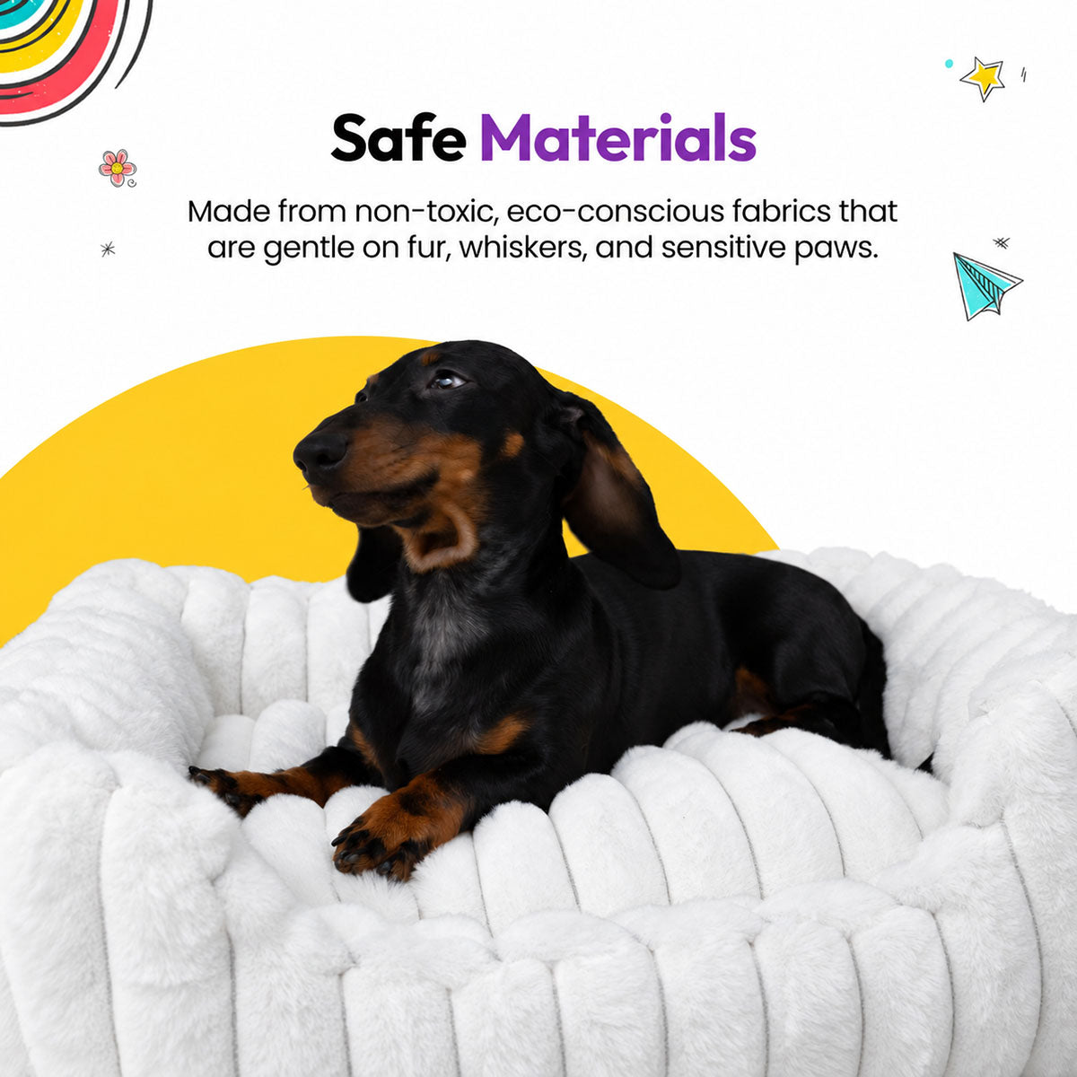 White | Furry Corduroy Open Front Rectangle Bed: Close-up of a dachshund lying in the White bed on a yellow graphic card