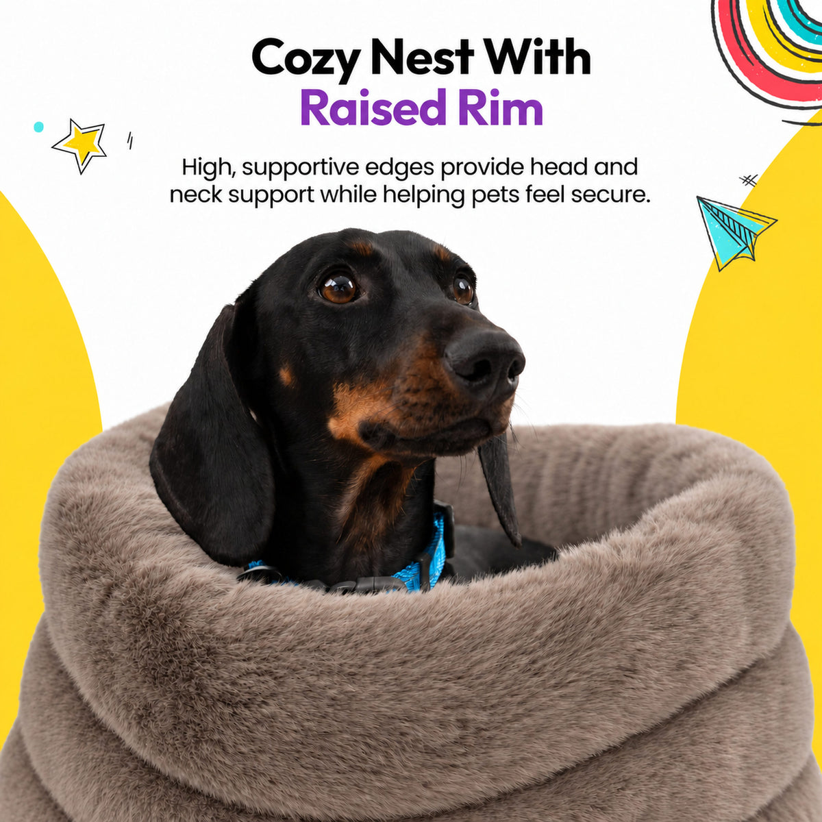 Brown | Furry Range Round Bed: Dachshund looking out over the rim of the Brown bed, headed Cozy Nest With Raised Rim