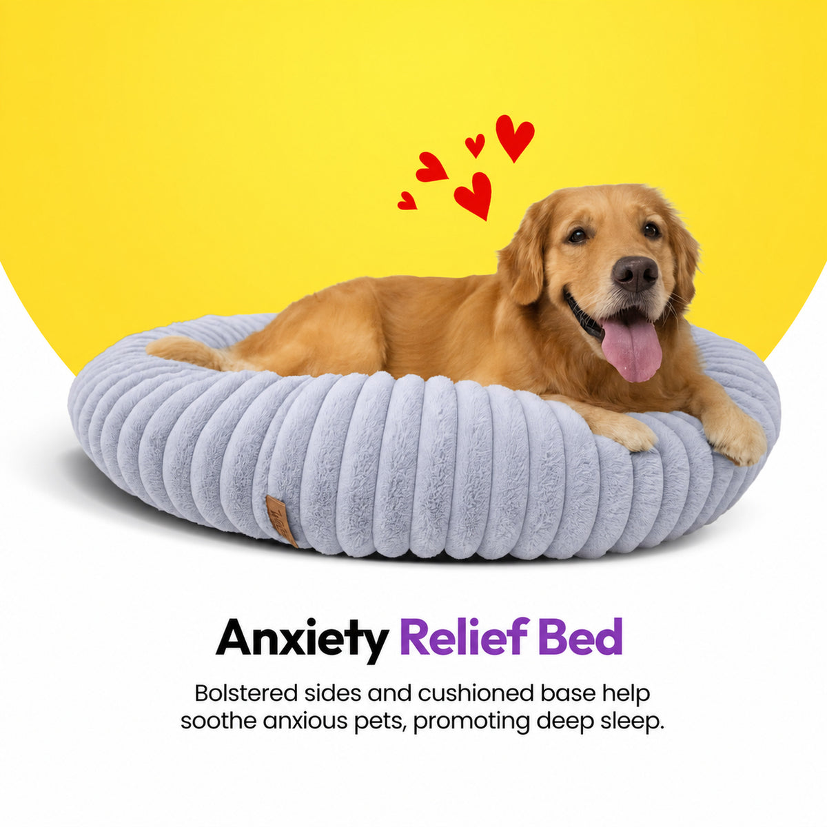 Grey | Furry Corduroy Round Bed: Golden retriever lying in the Grey bed on a yellow graphic card with red hearts