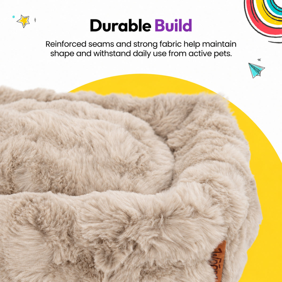 Cream | Furry Curves Rectangle Bed: Close-up of the Cream bed's fur, headed Durable Build