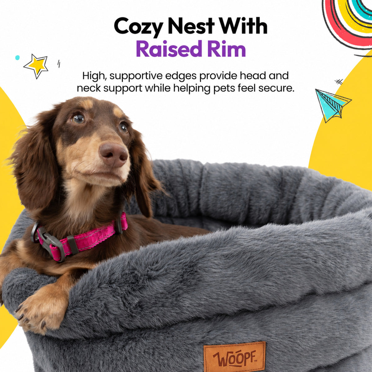 Grey | Furry Range Round Bed: Dachshund in a pink collar resting in the Grey bed, headed Cozy Nest With Raised Rim