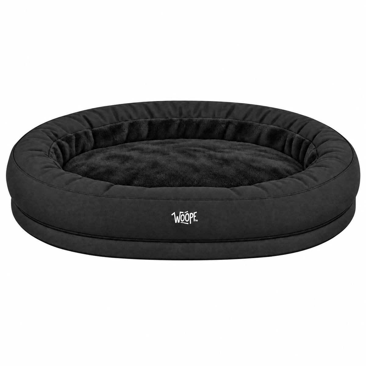 Black | NÄP Orthopedic Bed: Render of the Black bed: an oval nest with black faux fur inside and black linen-look walls