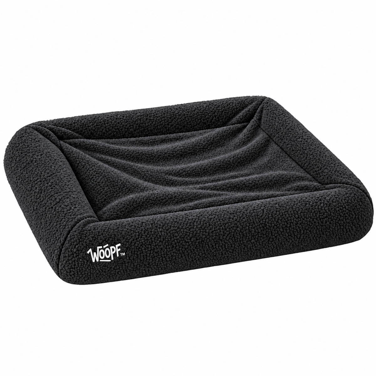 Black | SNÜZ Bed Slip-On Cover Fleece: Render of the Black cover on the bed, showing the curly fleece pile and the WOOPF label