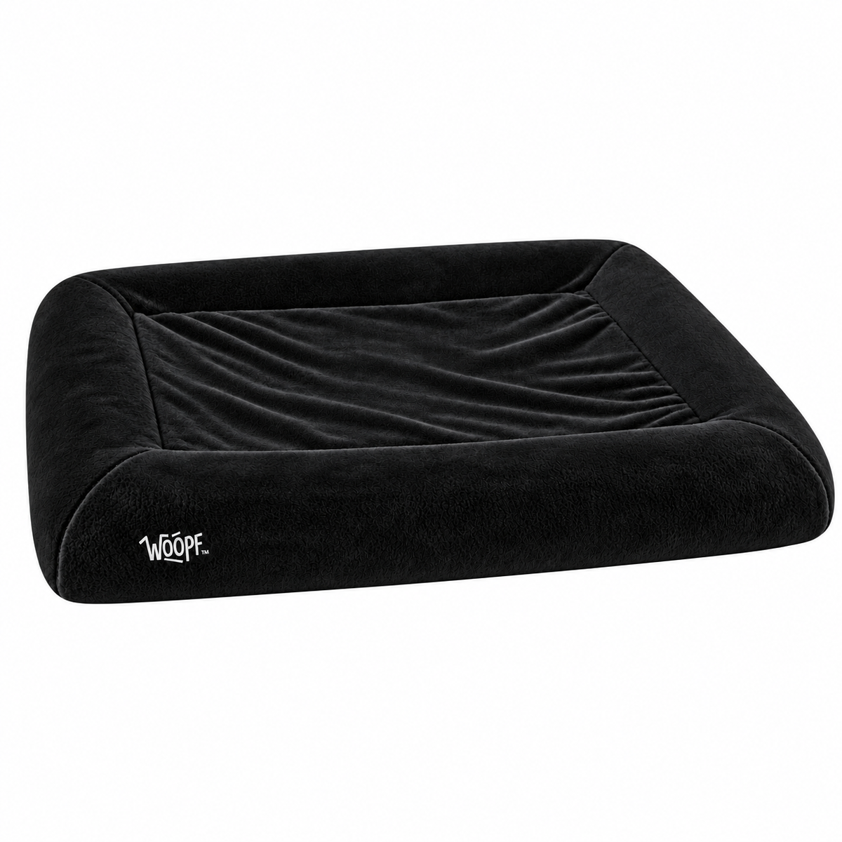 Black | SNÜZ Bed Slip-On Cover (Faux Velvet Fur): Render of the Black cover on the bed, showing the velvet fur and the WOOPF label