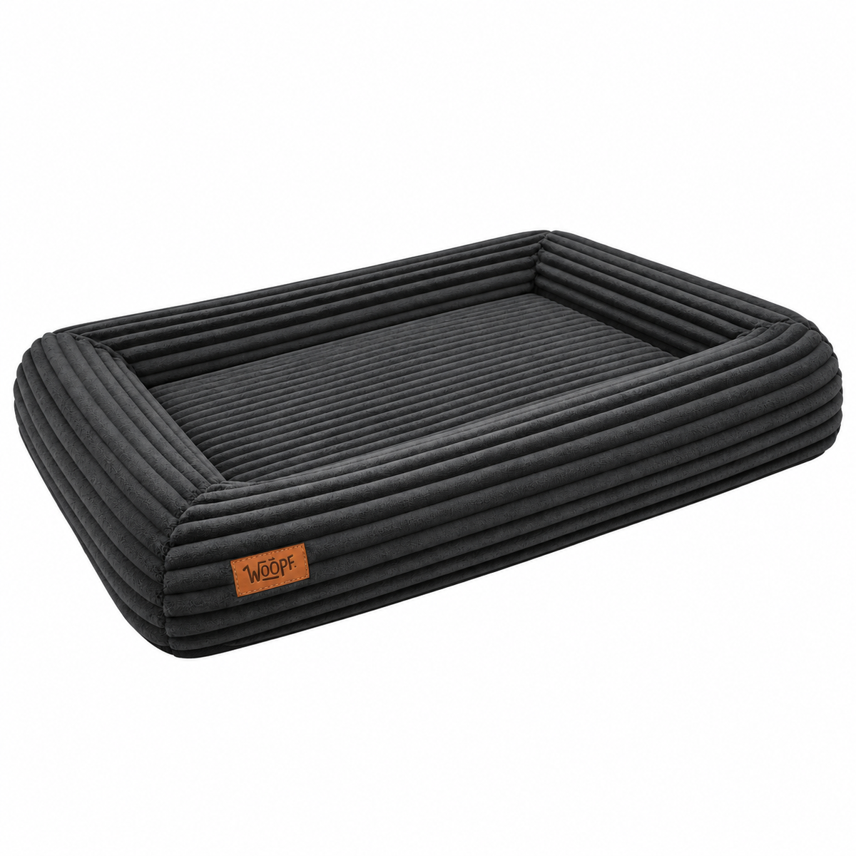Black | SNÜZ Orthopedic Corduroy Bed: Render of the Black bed, showing the ribbed corduroy cover and the leather label