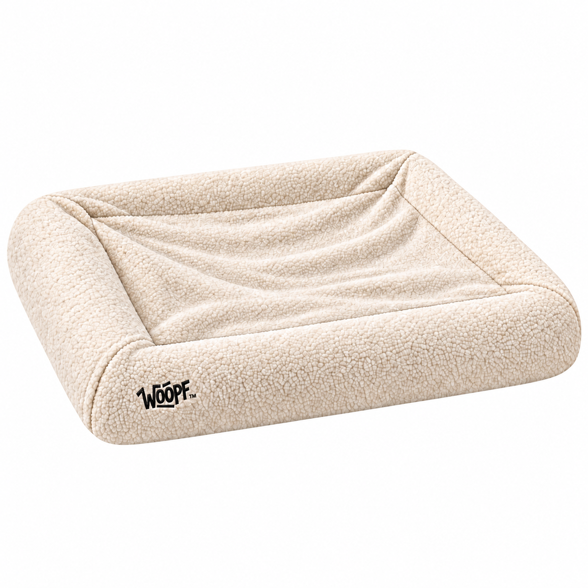 Cream | SNÜZ Bed Slip-On Cover Fleece: Render of the Cream cover on the bed, showing the curly fleece pile and the WOOPF label