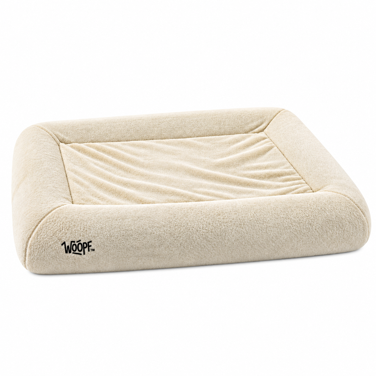 Cream | SNÜZ Bed Slip-On Cover (Faux Velvet Fur): Render of the Cream cover on the bed, showing the velvet fur and the WOOPF label