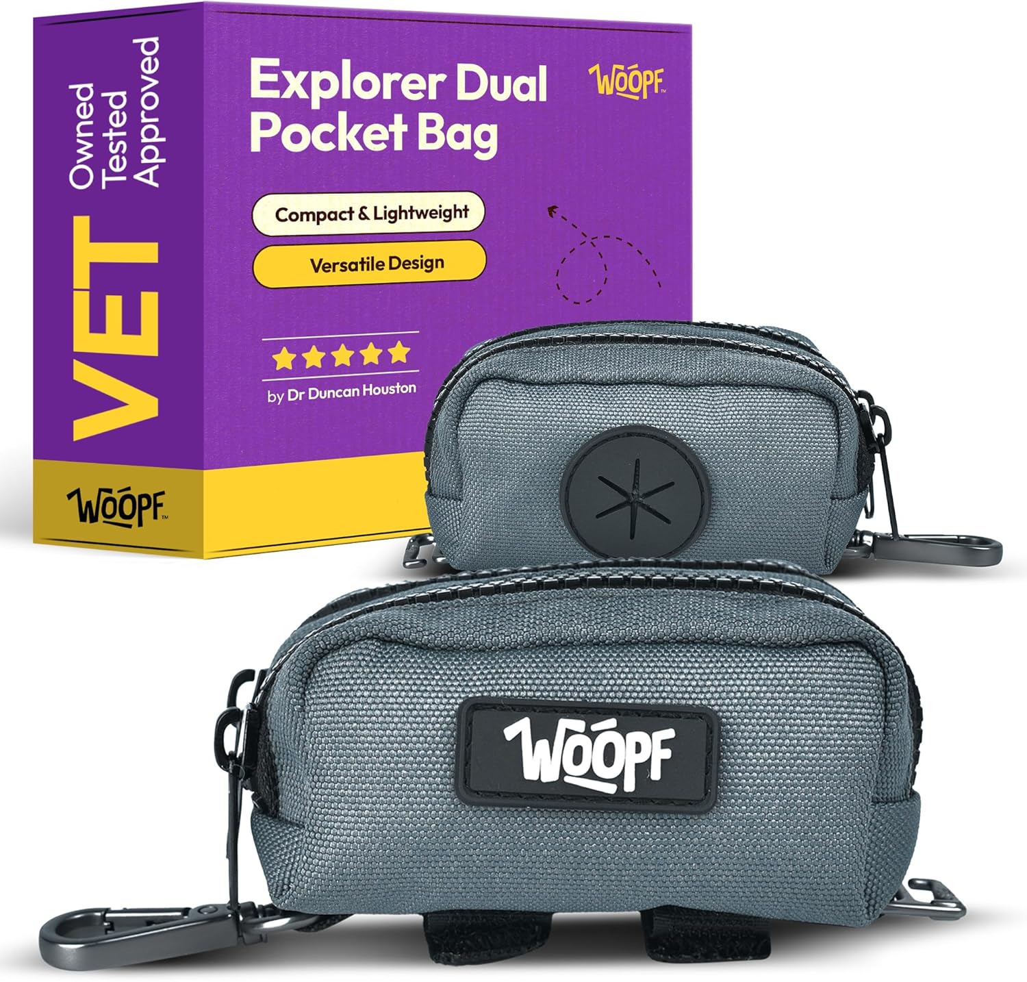 Dual Pocket Dog Poop Bag Dispenser – Reflective, Water-Resistant Waste Bag Holder with Rubber Bag Outlet | Holds 2 Rolls + Credit Cards | Zippered Storage for Treats, Keys, Cash | Clips to Leash or Belt