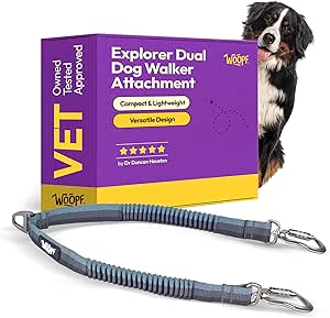 Explorer Dual Dog Walker Lead Attachment | No-Tangle Dual Dog Leash Adapter with Bungee Shock-Absorbing Webbing | Adjustable and Lightweight with 360° Swivel Clip | Walk 2 Dogs (Grey, Medium)