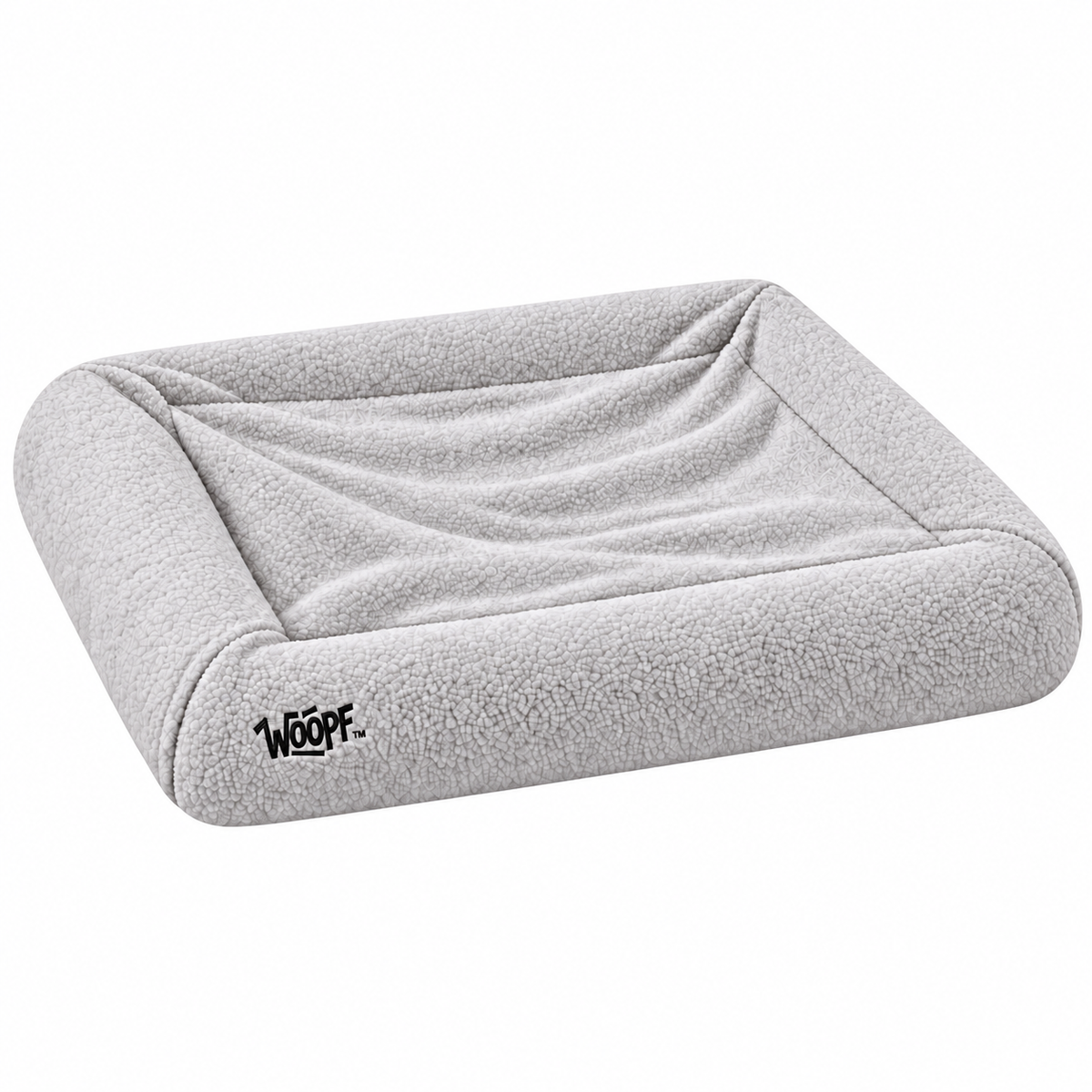 Grey | SNÜZ Bed Slip-On Cover Fleece: Render of the Grey cover on the bed, showing the curly fleece pile and the WOOPF label