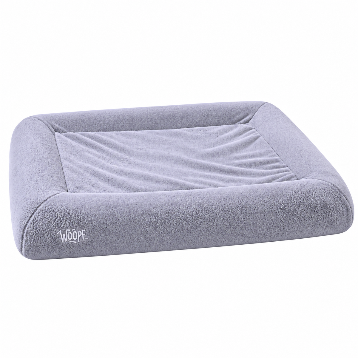 Grey | SNÜZ Bed Slip-On Cover (Faux Velvet Fur): Render of the Grey cover on the bed, showing the velvet fur and the WOOPF label