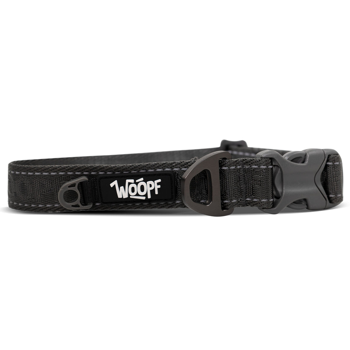 Grey | Explorer Collar: The Grey collar on its own on a white background, showing the buckle, D-ring and tag ring