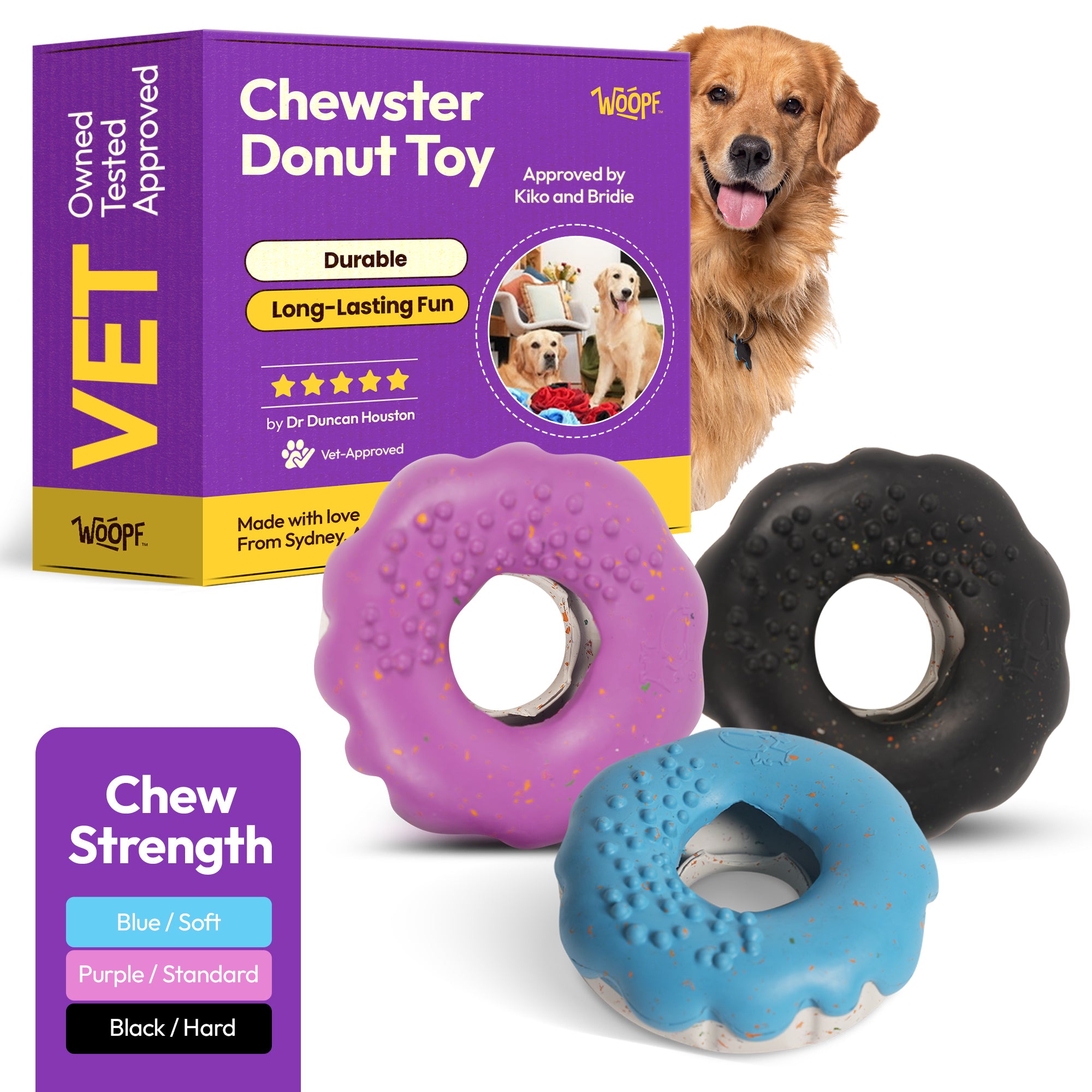 Chewsters Donut – Durable Eco-Friendly Dog Chew Toy with Treat Hole – Food-Safe Rubber, Bouncy Design, 3 Strength Levels