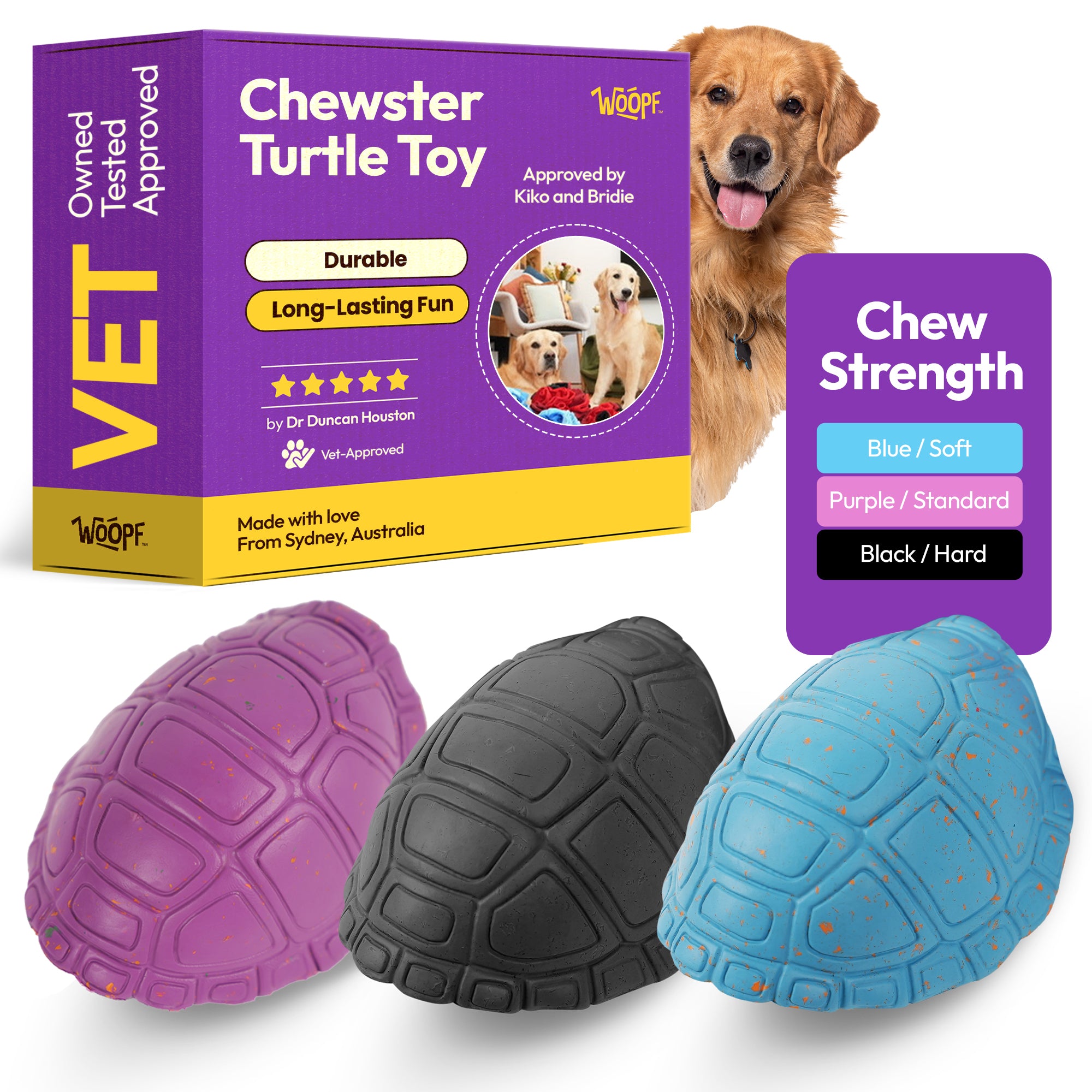 Chewsters Turtle – Durable Eco-Friendly Dog Chew Toy with Treat Hole – Food-Safe Rubber, Dental Massage Texture, 3 Strength Levels