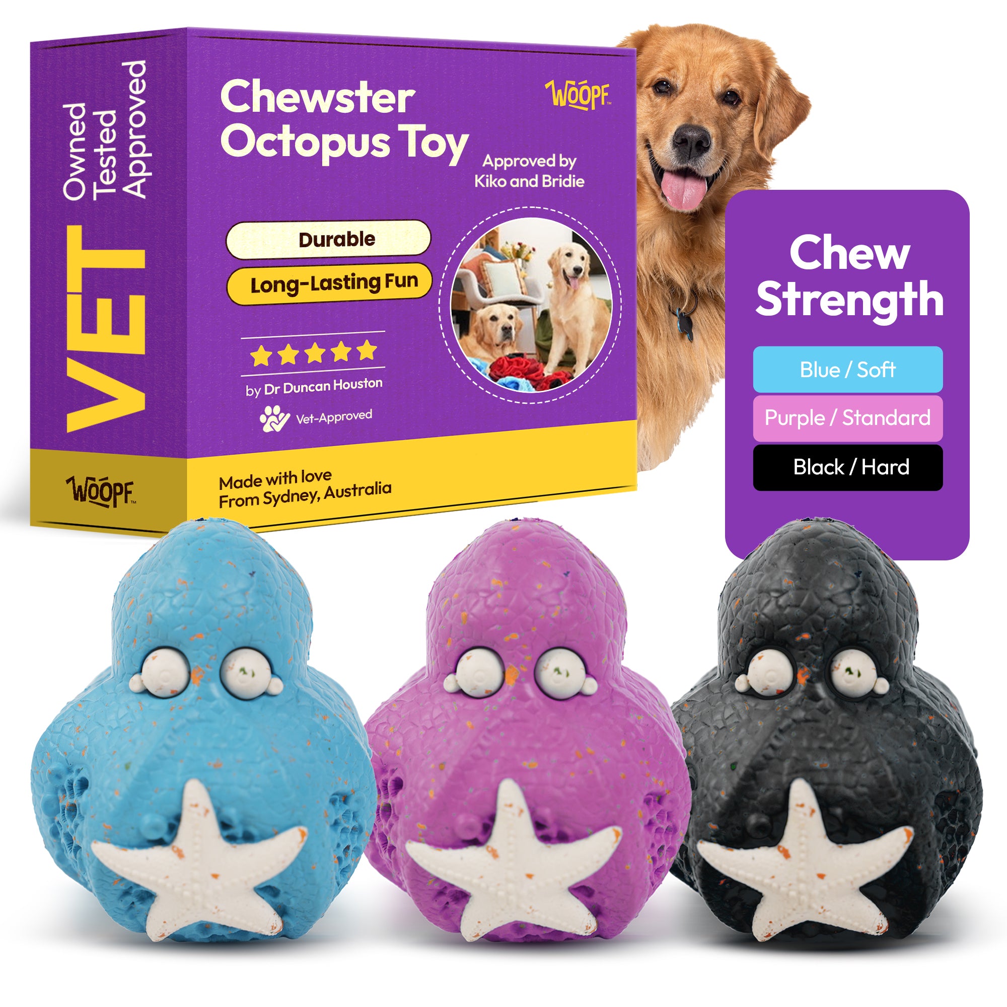 Chewsters Octopus – Durable Eco-Friendly Dog Chew Toy with Treat Hole – Food-Safe Rubber, Tentacle Design, 3 Strength Levels