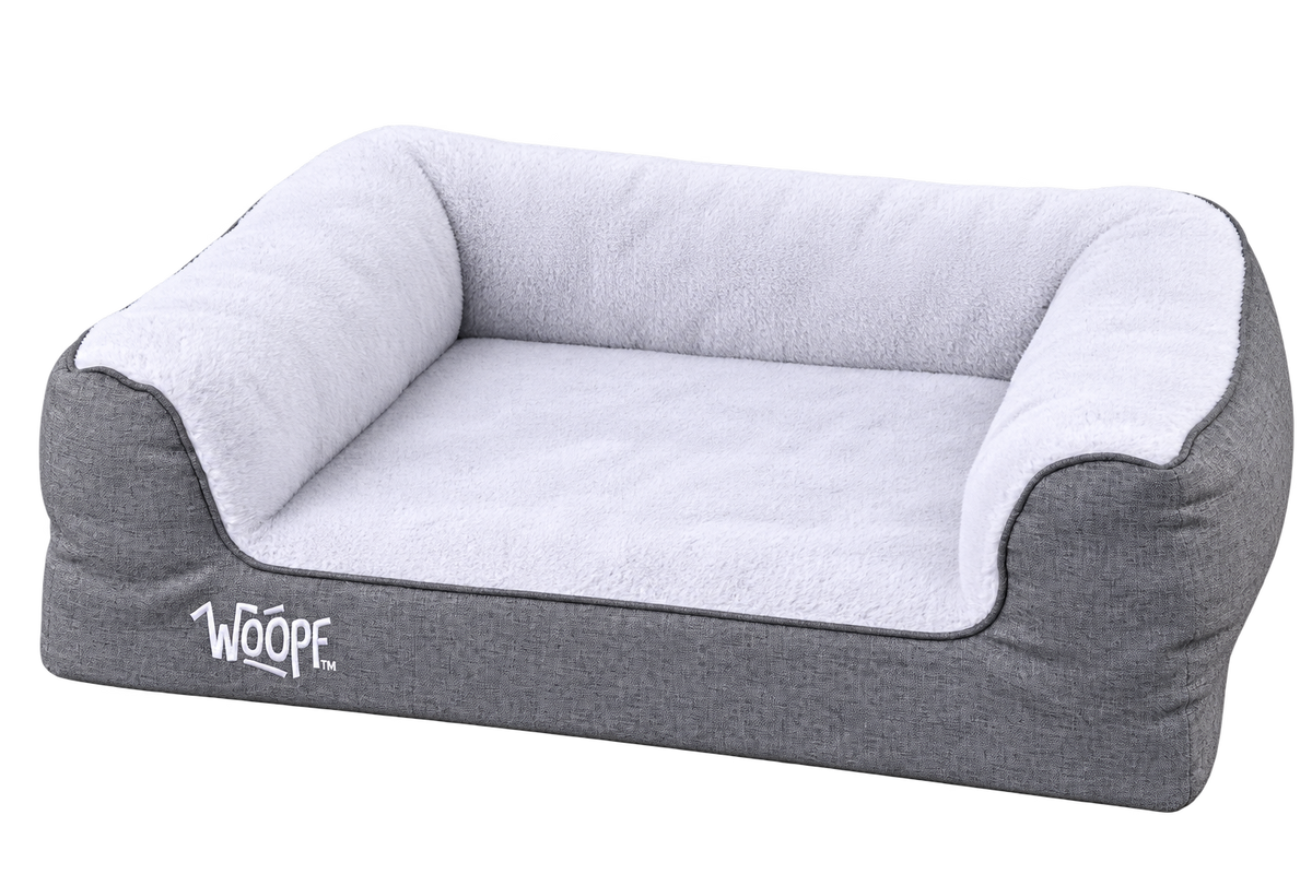 Grey | SNÖR Orthopedic Bed: Render of the Small Grey bed, angled view showing the white plush lining and raised bolsters