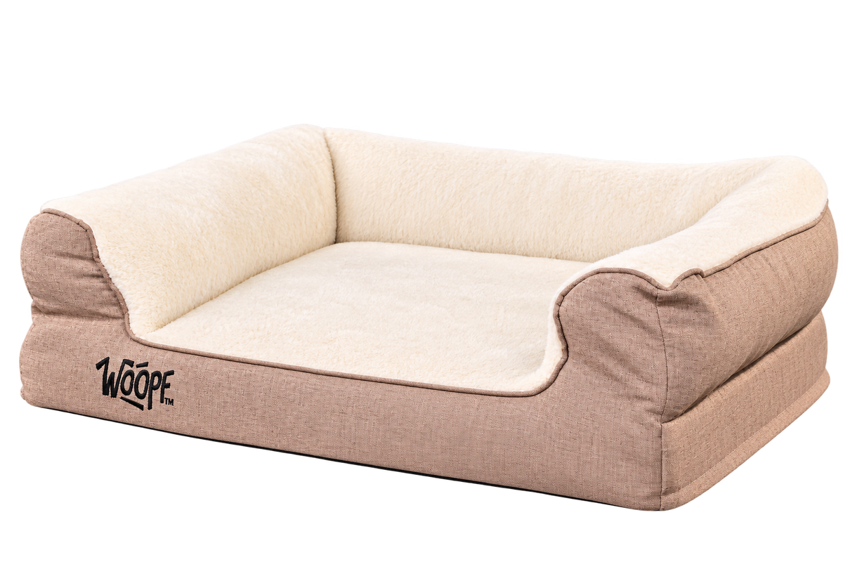 Cream | SNÖR Orthopedic Bed: Render of the Small Cream bed, angled view showing the beige outer fabric and plush bolsters