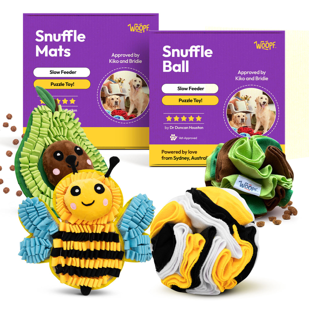 Woof Snuffle Mats and Snuffle Ball with packaging on a white background