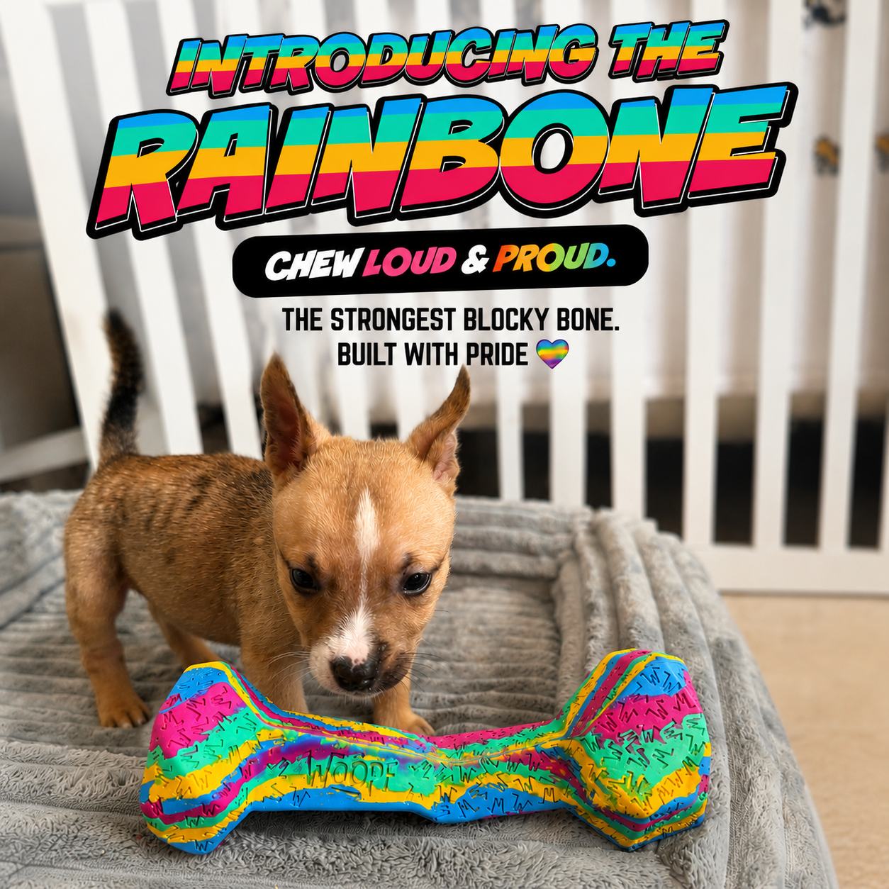 Dog with a colorful bone-shaped toy on a bed, with text about the 'Rainbone' toy.