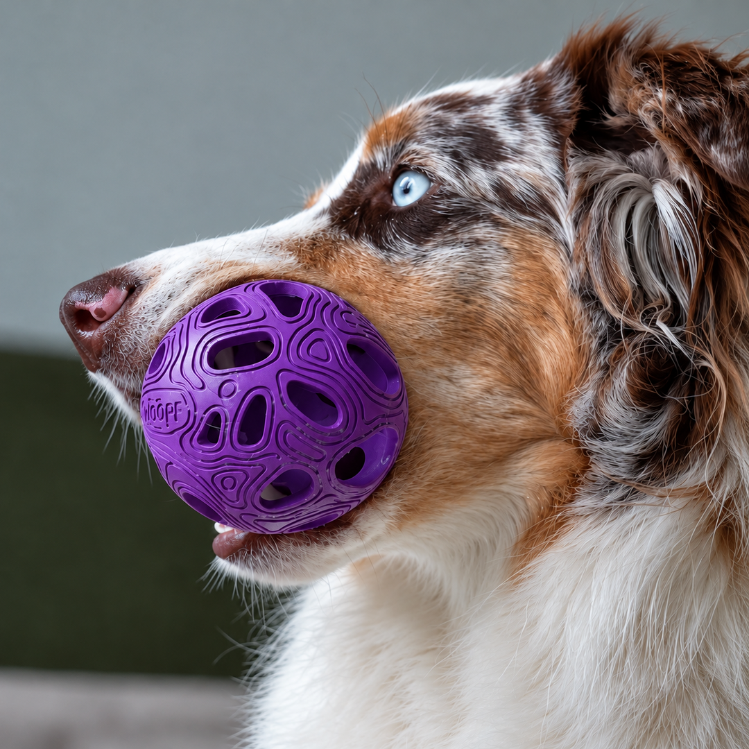 Purple | MeteorBite Ball: Brown-and-white dog holding the purple ball in its mouth.