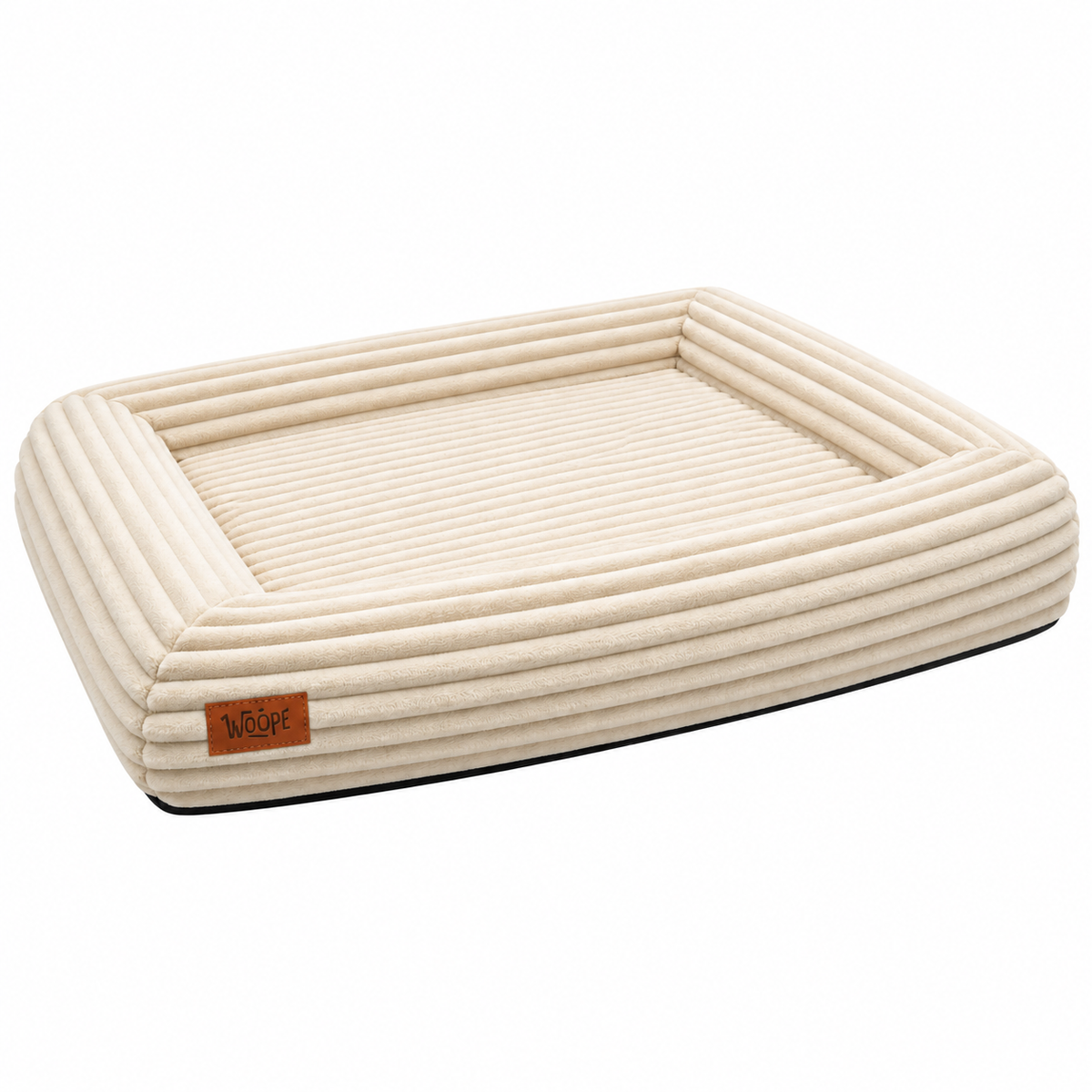 Cream | SNÜZ Orthopedic Corduroy Bed: Render of the Cream bed, showing the ribbed corduroy cover and the leather label
