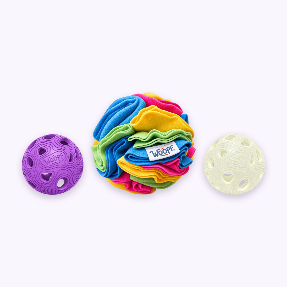 All | Chase & Sniff Bundle: The Purple and Glow MeteorBite Balls with the Snuffle Ball With Crackles on a pale lavender background