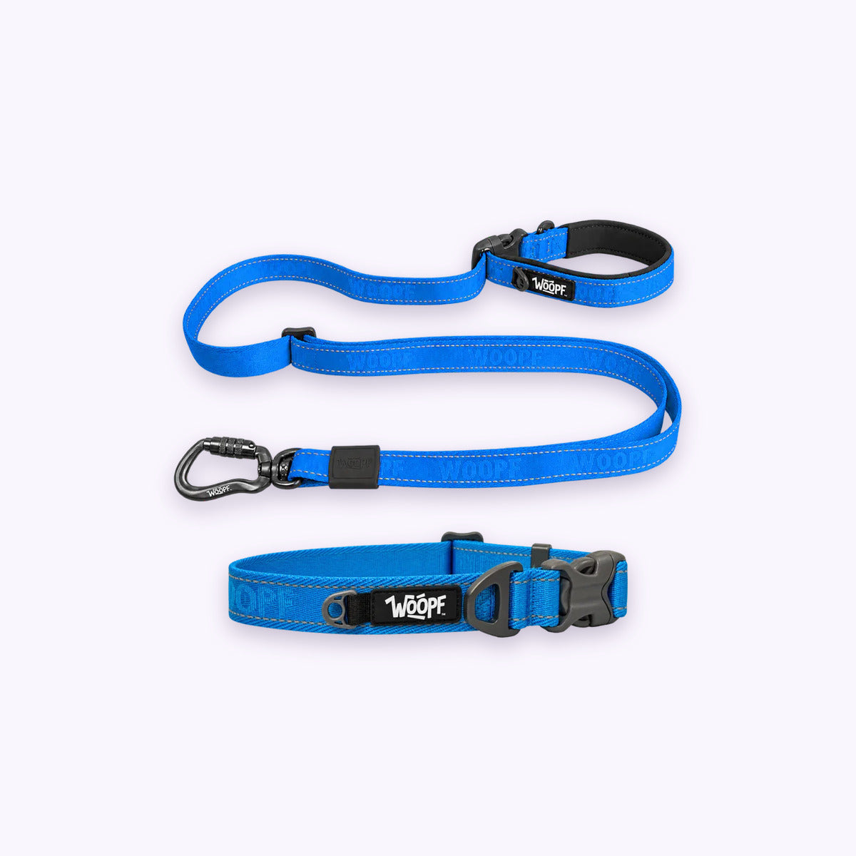 Blue | City Bundle: The Blue Explorer Collar with the Blue Explorer Adjustable Leash on a pale lavender background