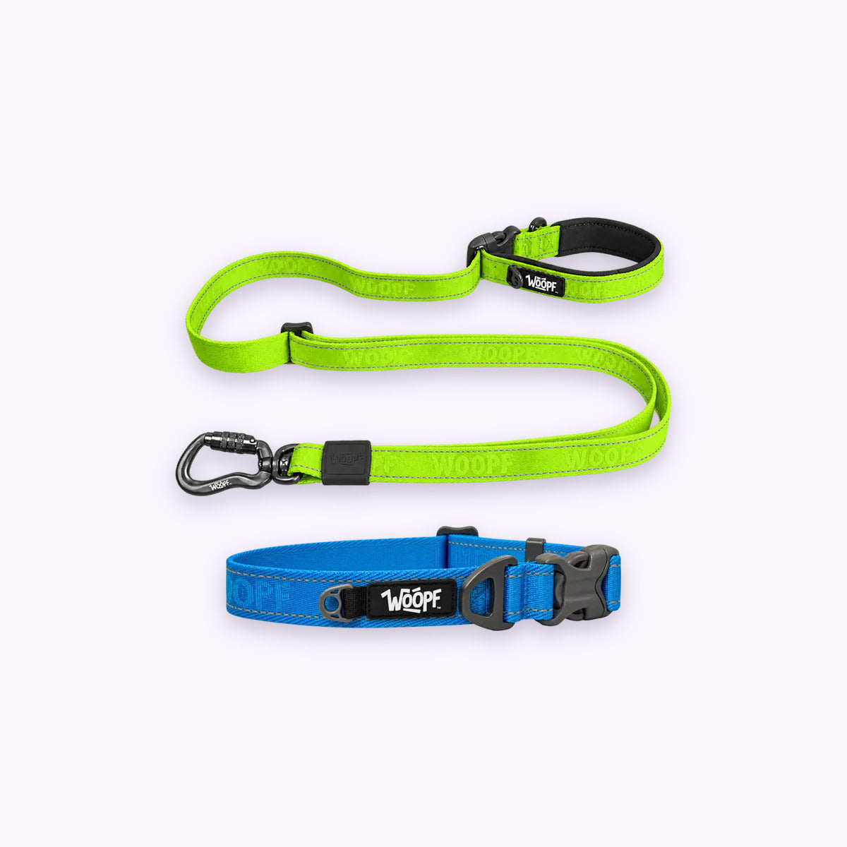 Blue | City Bundle: The Blue Explorer Collar with the Green Explorer Adjustable Leash on a pale lavender background