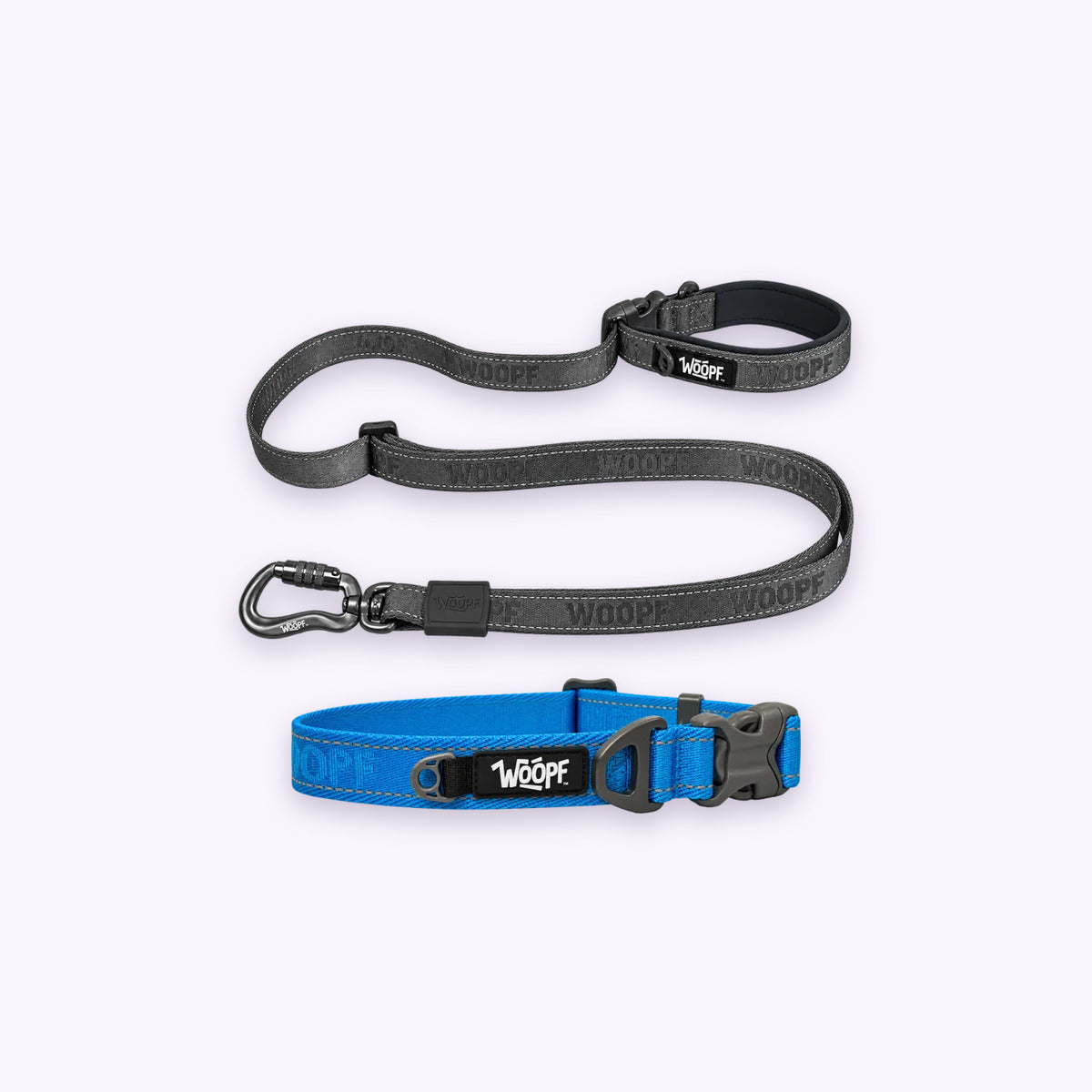 Blue | City Bundle: The Blue Explorer Collar with the Grey Explorer Adjustable Leash on a pale lavender background