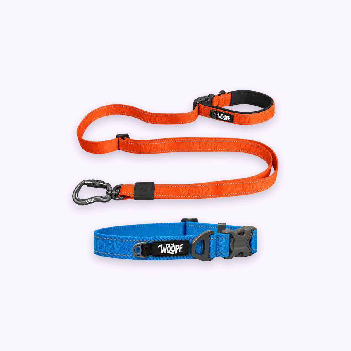 Blue | City Bundle: The Blue Explorer Collar with the Orange Explorer Adjustable Leash on a pale lavender background