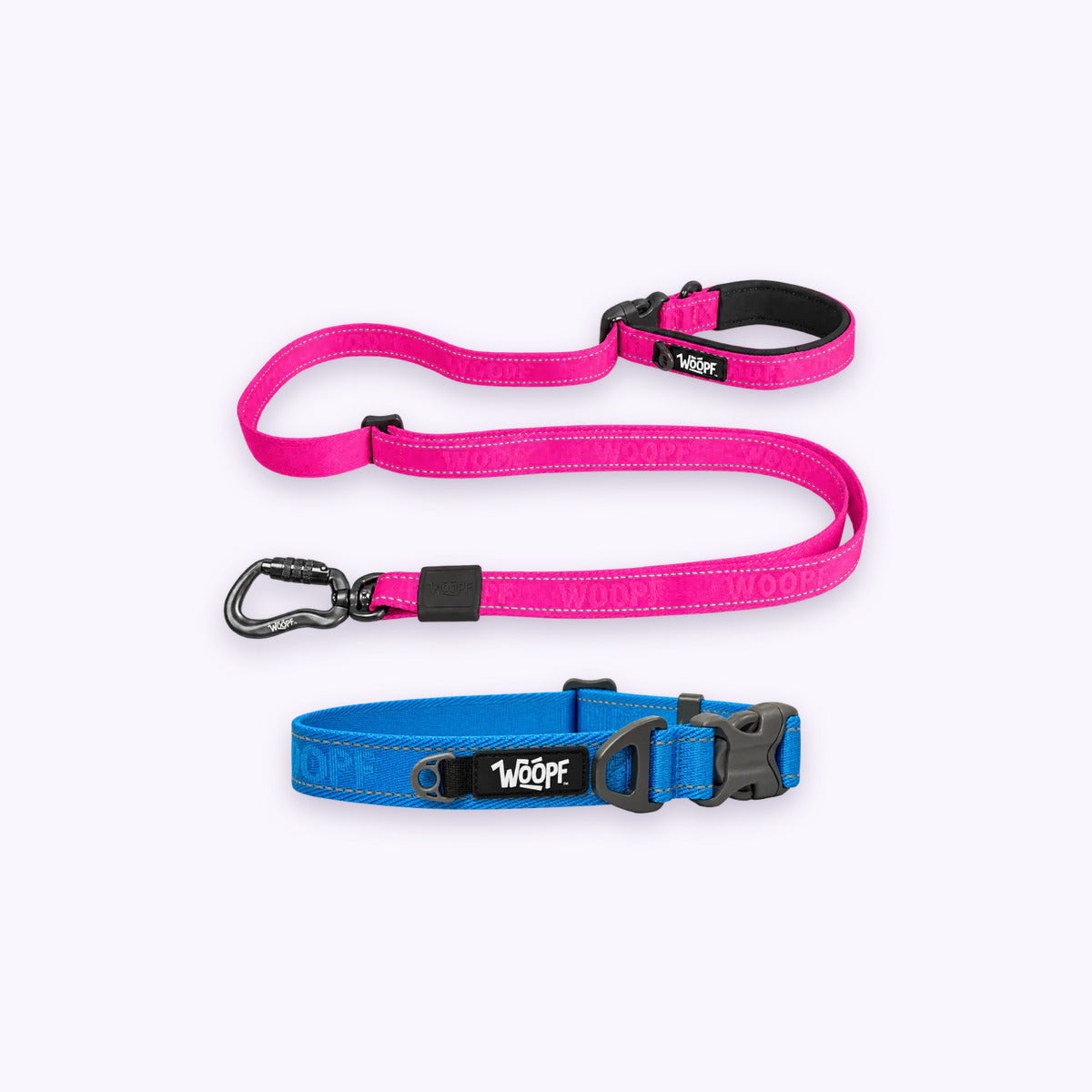 Blue | City Bundle: The Blue Explorer Collar with the Pink Explorer Adjustable Leash on a pale lavender background
