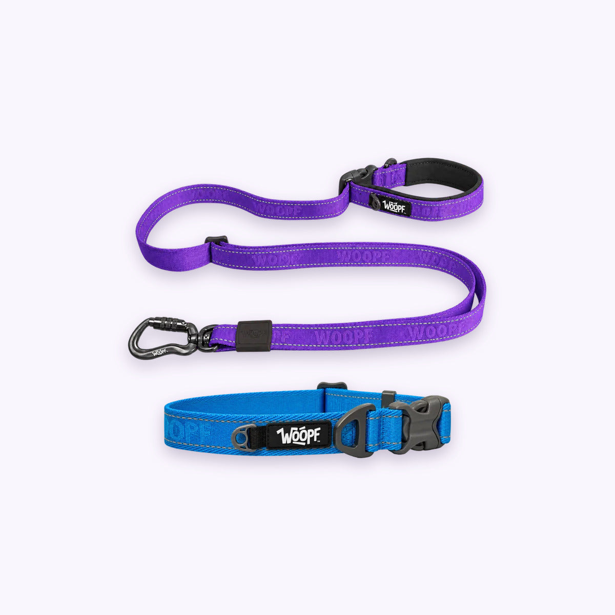 Blue | City Bundle: The Blue Explorer Collar with the Purple Explorer Adjustable Leash on a pale lavender background
