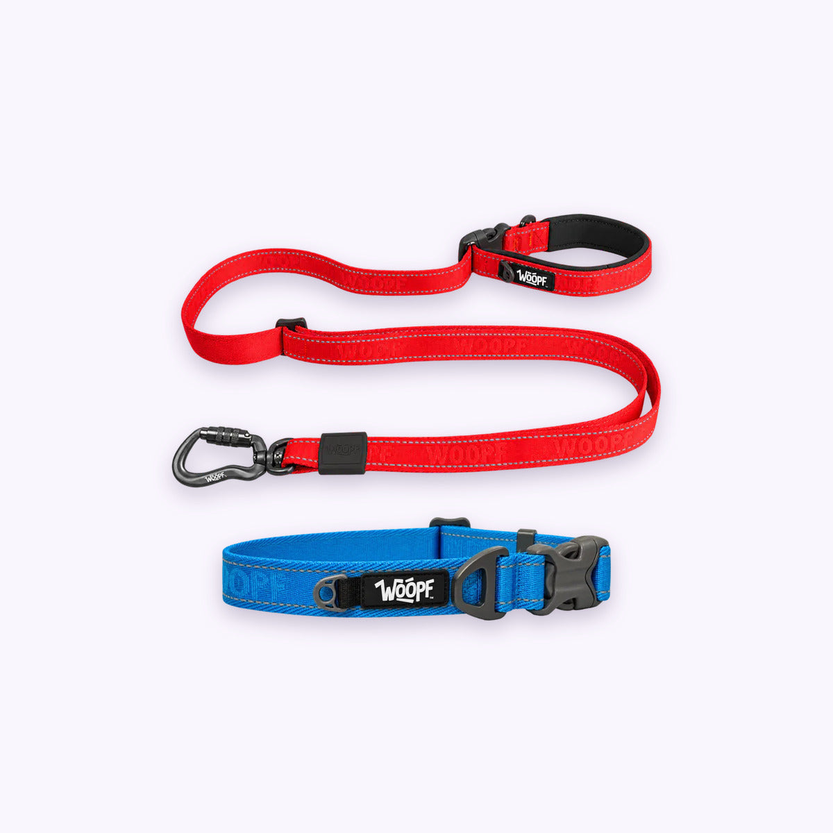 Blue | City Bundle: The Blue Explorer Collar with the Red Explorer Adjustable Leash on a pale lavender background
