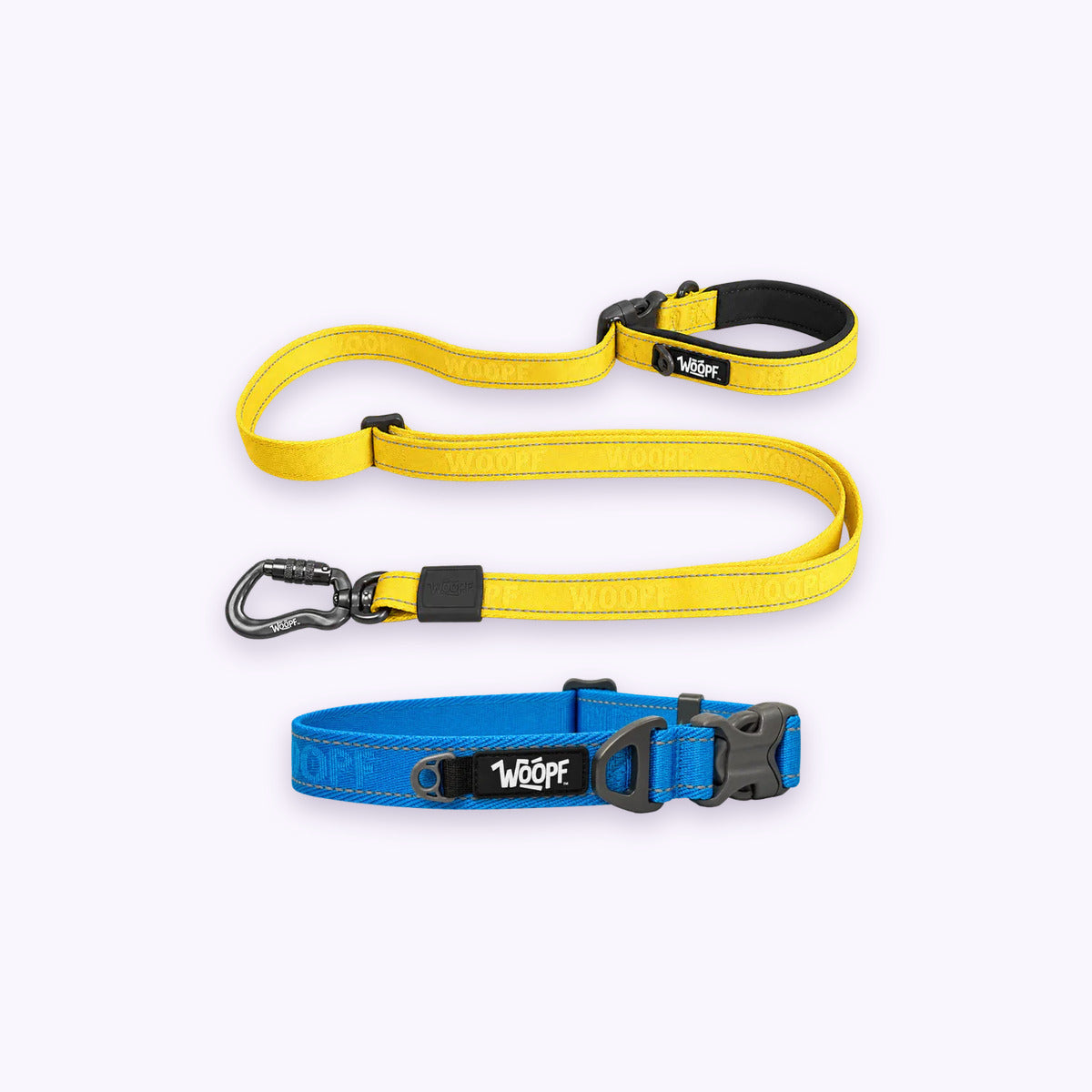 Blue | City Bundle: The Blue Explorer Collar with the Yellow Explorer Adjustable Leash on a pale lavender background