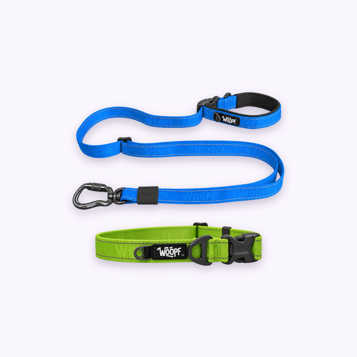 Green | City Bundle: The Green Explorer Collar with the Blue Explorer Adjustable Leash on a pale lavender background